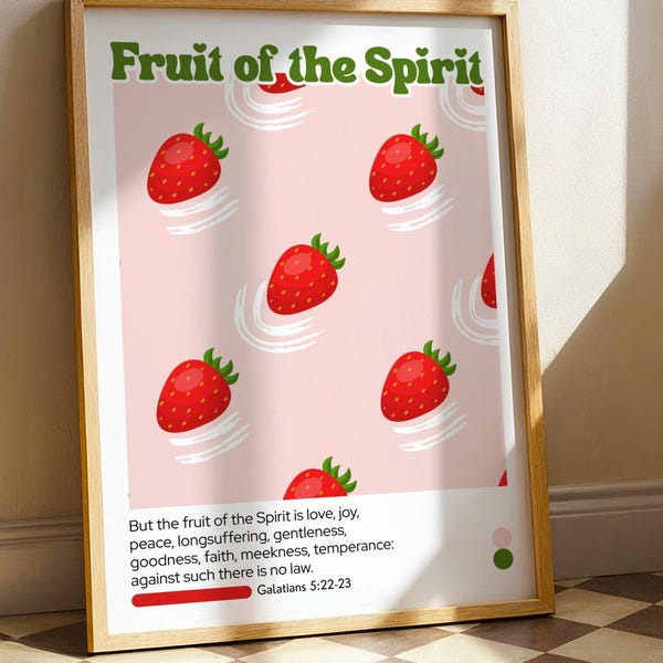 Arte mural digital colorido basado en la fe: Fruto del Espíritu con fresas, decoración bíblica para el hogar