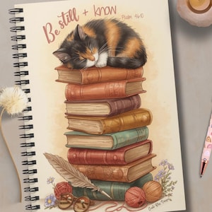 三毛猫のブックスタックスパイラルノート、クリスチャン詩篇46章「Be Still Journal」