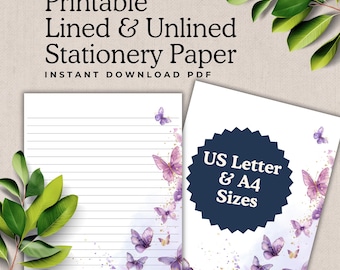 Pirntable Purple Butterfly Stationery: Lined Letter Writing Paper in US Letter & A4 PDF