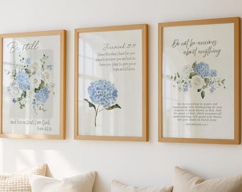 Blue Hydrangea Inspirational Bible Wall Art Vertical Christian Hanging Decor Printable Set of 3