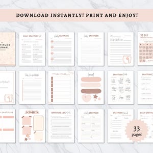 May include: A collection of printable gratitude journal pages in a soft, neutral color palette. The pages include prompts for daily and weekly reflections, with decorative elements. The text "DOWNLOAD INSTANTLY! PRINT AND ENJOY!" is at the top.