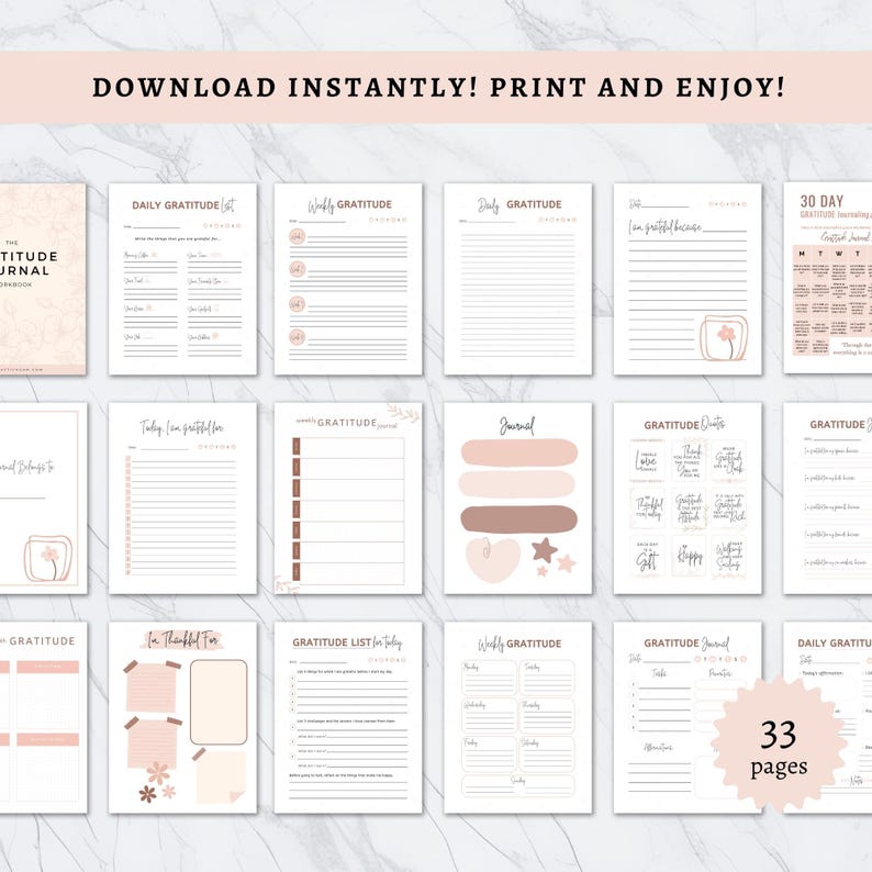 May include: A collection of printable gratitude journal pages in a soft, neutral color palette. The pages include prompts for daily and weekly reflections, with decorative elements. The text "DOWNLOAD INSTANTLY! PRINT AND ENJOY!" is at the top.