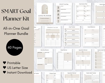Goal Planner Bundle Printable, SMART Goals Template, Goal Planner Kit, Habit Tracker, Best Goals Planner, Weekly Monthly Yearly Goals, Taupe