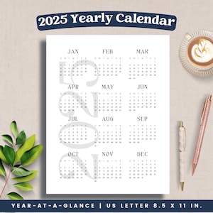 2025 Year Calendar Printable, Year at a Glance, One Page PDF, Yearly Calendar, Year Overview, Digital Office Wall Desk Calendar, Minimalist