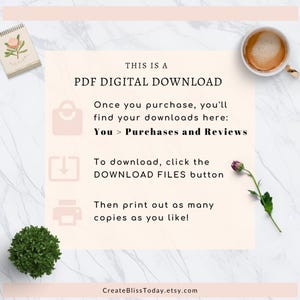May include: A digital download graphic with instructions. Text reads: "THIS IS A PDF DIGITAL DOWNLOAD." Instructions include where to find downloads, how to download, and how to print. A small notebook, coffee cup, and plant are also visible.
