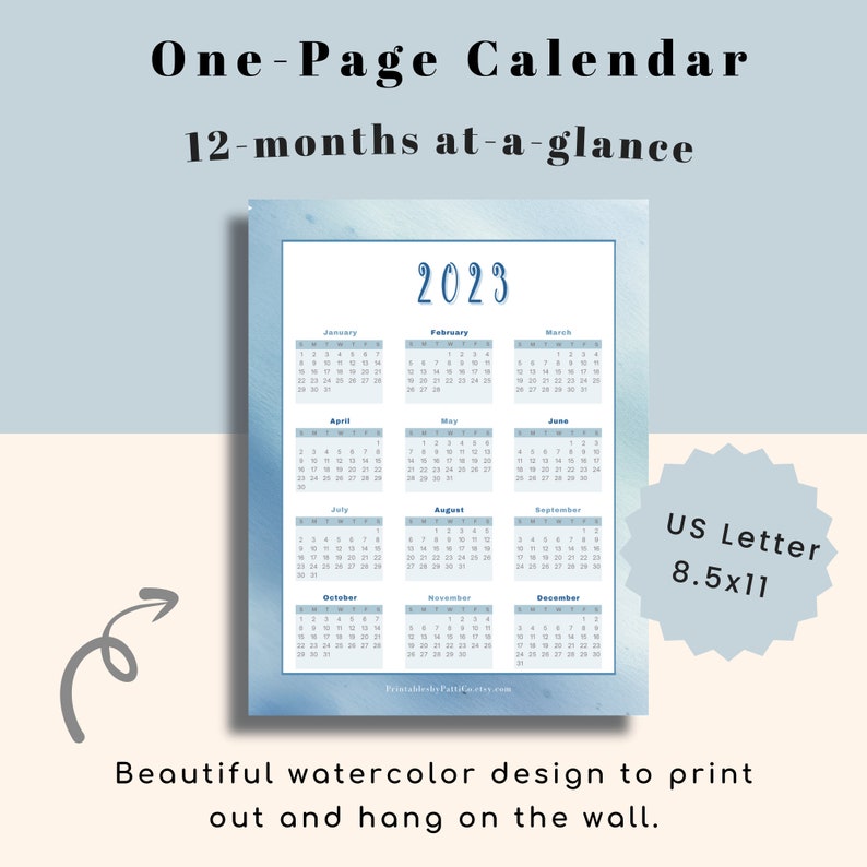 2023 Calendar Printable Year on One Page, Year at a Glance, Desk ...
