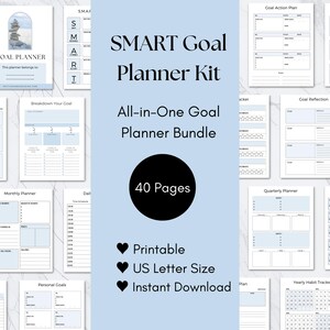Goal Planner Bundle Printable, SMART Goals Template, Vision Board, Habit Tracker, 2025 SMART Goal Setting Kit, Productivity, Vision Board