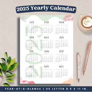 2025 Year Calendar Printable, Year at a Glance, One Page PDF, Yearly Calendar, Year Overview, Digital Office Wall Desk Boho Calendar