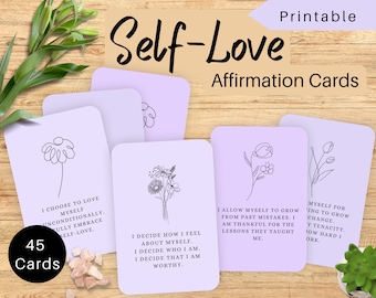 Self Love Affirmation Cards Printable, Self Care, Daily Encouragement, Positivity Quotes, Self-Esteem, Mental Health, Mindfulness, 45 Cards