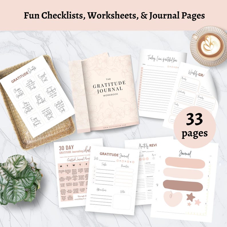 May include: A collection of gratitude journals and worksheets. The image shows a journal, stickers, and various pages with prompts and checklists. The color scheme is soft, with beige, pink, and brown tones. A cup of coffee sits in the upper right corner.