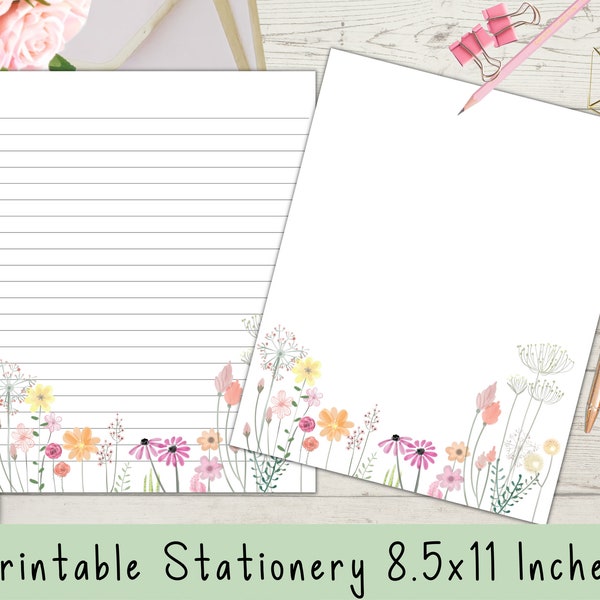 Printable Floral Stationery 8.5x11, Writing Paper, Printable Letter Paper, Instant Download, Lined Pages, Letter Writing, Letter Stationery