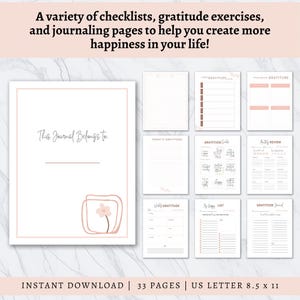 May include: A collection of printable journal pages with checklists, gratitude exercises, and journaling prompts. The pages are in a soft pink and white color scheme. The text reads "This Journal Belongs To" and "My Happy List". The journal is US Letter size.