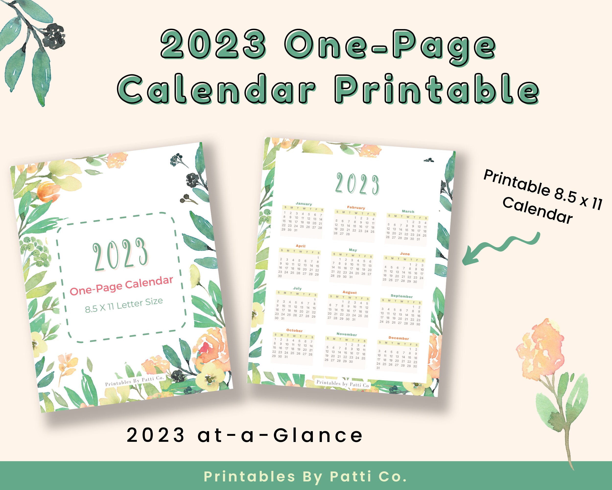 2023 Printable Calendar at a Glance One Page Calendar 2023 - Etsy