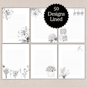 May include: A collection of six lined paper designs, each featuring a different floral or botanical illustration in black and white. The designs include lilies, hydrangeas, and other flowers. The text "50 Designs Lined" is displayed on a black circular badge.