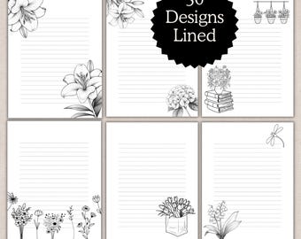 Lined Printable Writing Paper, Floral Stationery Set of 50 Botanical Designs, US Letter, A4