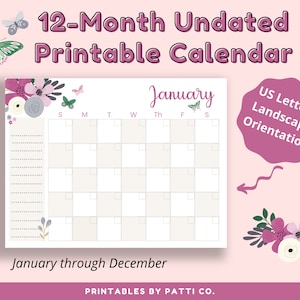 Undated Monthly Calendar Printable Landscape | Desk Calendar | Printable Wall Calendar | January - December | US Letter Size | Butterflies