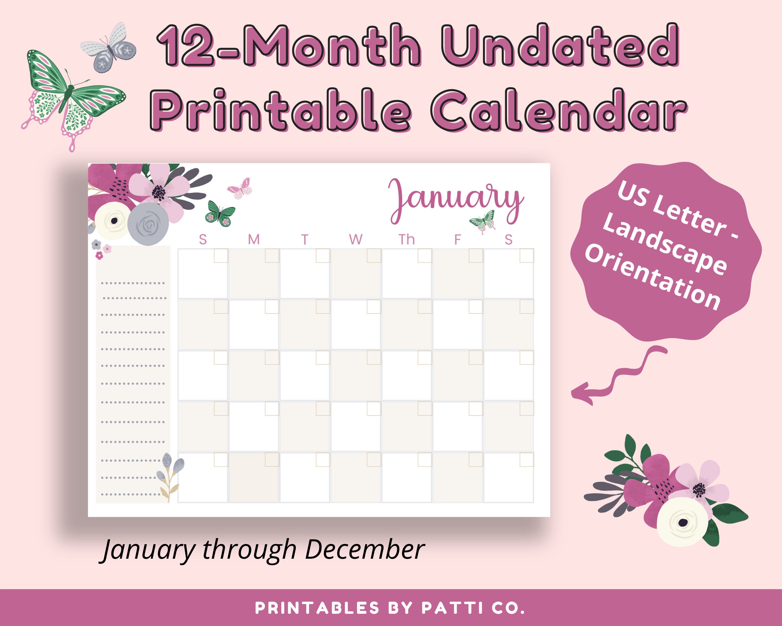 Undated Monthly Calendar Printable Landscape Desk Calendar Printable Wall Calendar January December US Letter Size Butterflies - Etsy undated-monthly-calendar-printable-landscape-desk-calendar-printable-wall-calendar-january-december-us-letter-size-butterflies-etsy