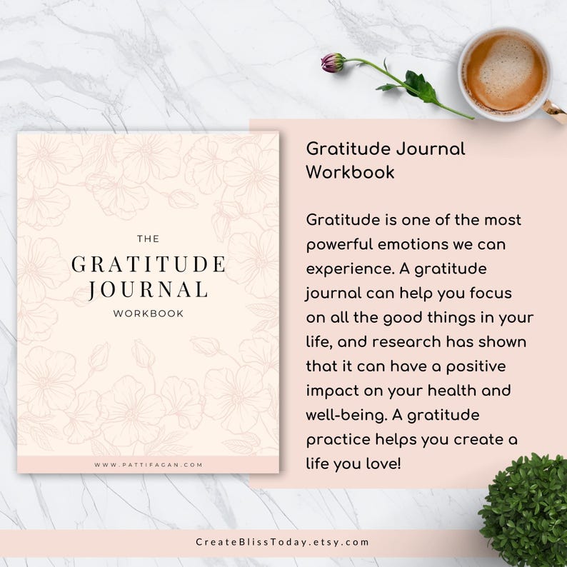 May include: A softcover gratitude journal workbook with a floral design. The cover reads "The Gratitude Journal Workbook." The journal is light pink with a floral pattern. Text on the right side describes the benefits of gratitude.
