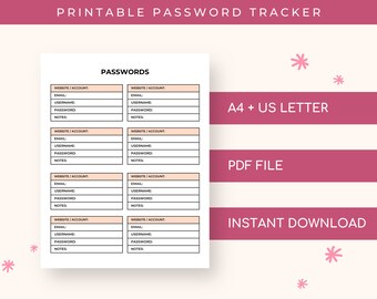 Password Tracker, Password Organizer, Password Log, Digital Download
