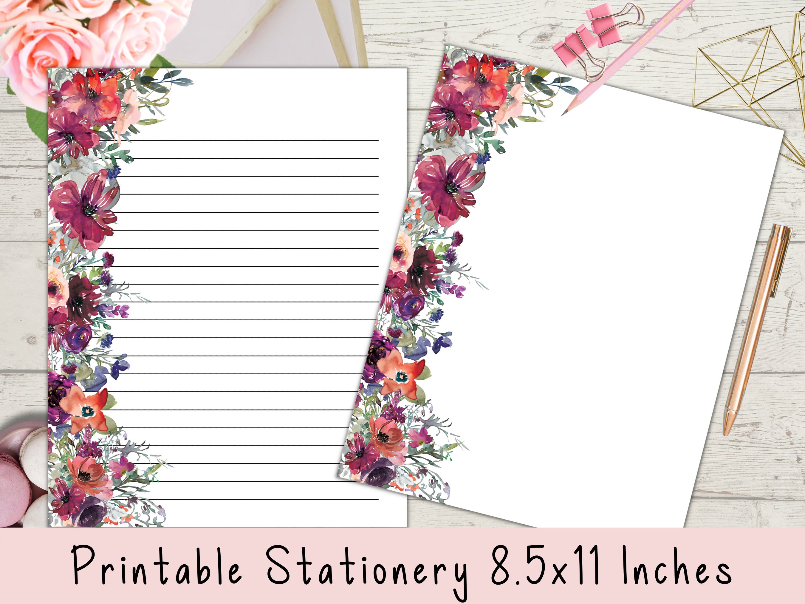 Floral Stationery Paper for Writing Letters, Printing (8.5 x 11 In