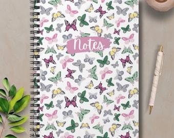 Pink & Green Watercolor Butterflies Background Spiral Notebook, Inspirational Journal