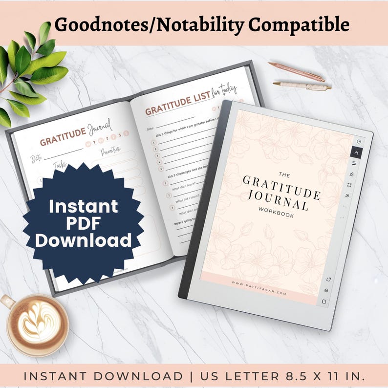 May include: A digital gratitude journal workbook with a floral design, displayed on a tablet and open notebook. The text "THE GRATITUDE JOURNAL WORKBOOK" is visible. The image also includes the text "Goodnotes/Notability Compatible" and "Instant PDF Download".