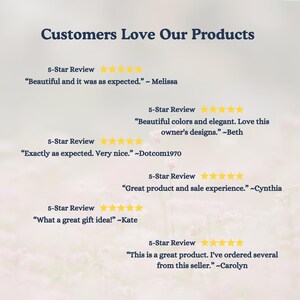 May include: A graphic with the text "Customers Love Our Products" and several 5-star customer reviews. The reviews include quotes like "Beautiful and it was as expected" and "Great product and sale experience."