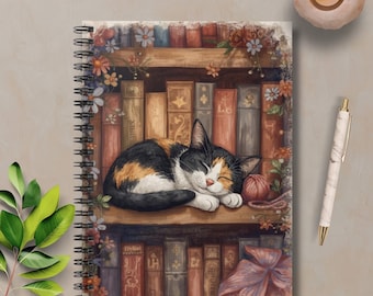 Calico Cat Spiral Notebook, Bookish Aesthetic, Book Lovers, Cat Mom or Bookworm Gifts, Lined Writing Journal