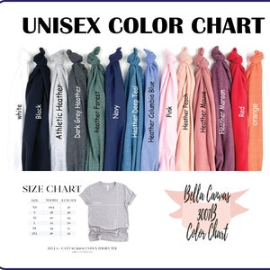 May include: Unisex color chart for Bella Canvas 3001B t-shirts. The chart shows 14 different colors, including white, black, athletic heather, dark grey heather, heather forest, navy, heather deep teal, heather columbia blue, pink, heather peach, heather mauve, heather maroon, red, and orange.