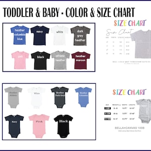 K&ouml;nnte beinhalten: Farb- und Gr&ouml;&szlig;entabelle f&uuml;r Kleinkind- und Babykleidung. Die Tabelle zeigt verschiedene Farben von T-Shirts mit kurzen &Auml;rmeln und Bodys. Die Tabelle enth&auml;lt auch eine Gr&ouml;&szlig;entabelle mit Alter, Gewicht, Breite, L&auml;nge und Brustumfang in Zoll.