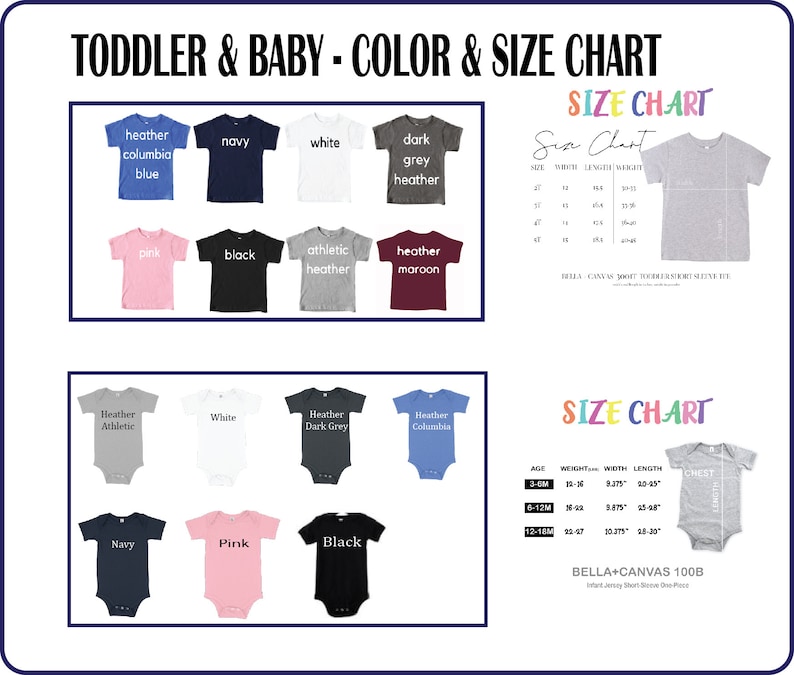 K&ouml;nnte beinhalten: Farb- und Gr&ouml;&szlig;entabelle f&uuml;r Kleinkind- und Babykleidung. Die Tabelle zeigt verschiedene Farben von T-Shirts mit kurzen &Auml;rmeln und Bodys. Die Tabelle enth&auml;lt auch eine Gr&ouml;&szlig;entabelle mit Alter, Gewicht, Breite, L&auml;nge und Brustumfang in Zoll.