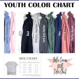 K&ouml;nnte beinhalten: Farbkarte f&uuml;r Bella + Canvas 3001B Jugend-Jersey-T-Shirts. Die Karte zeigt 10 verschiedene Farben von T-Shirts, darunter Heather Columbia Blue, Pink, Wei&szlig;, Schwarz, Athletic Heather, Dark Grey Heather, Heather Forest, Navy, Heather Mauve und Heather Maroon. Die Karte enth&auml;lt auch eine Gr&ouml;&szlig;entabelle mit Brust- und L&auml;ngenma&szlig;en in Zoll und entsprechenden Altersgruppen.
