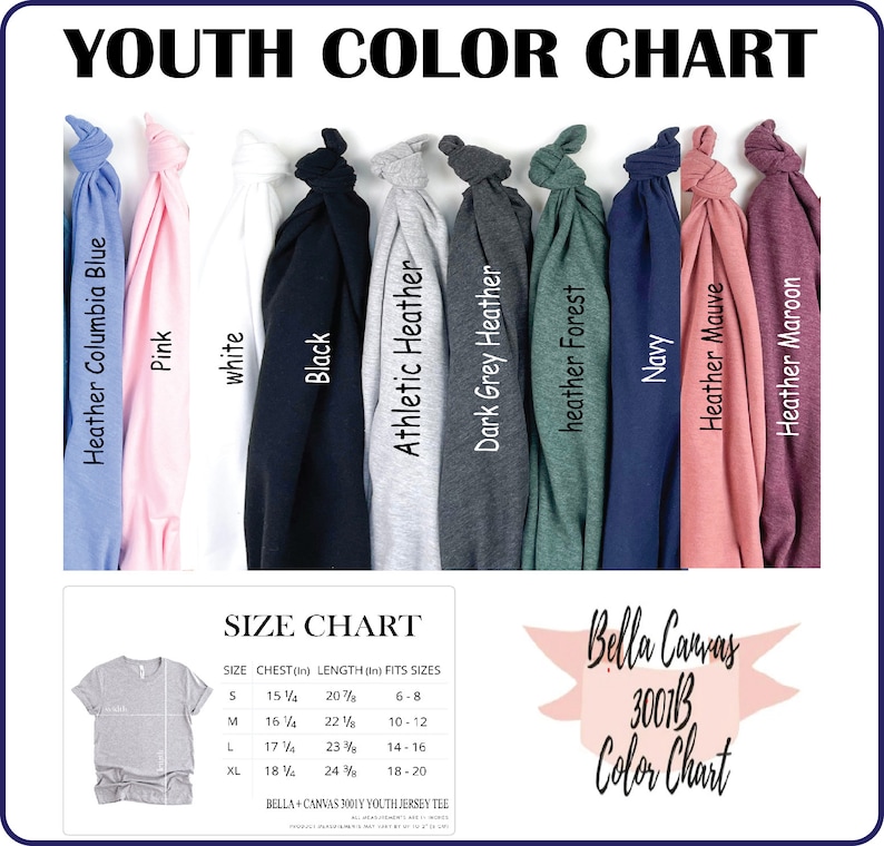 K&ouml;nnte beinhalten: Farbkarte f&uuml;r Bella + Canvas 3001B Jugend-Jersey-T-Shirts. Die Karte zeigt 10 verschiedene Farben von T-Shirts, darunter Heather Columbia Blue, Pink, Wei&szlig;, Schwarz, Athletic Heather, Dark Grey Heather, Heather Forest, Navy, Heather Mauve und Heather Maroon. Die Karte enth&auml;lt auch eine Gr&ouml;&szlig;entabelle mit Brust- und L&auml;ngenma&szlig;en in Zoll und entsprechenden Altersgruppen.