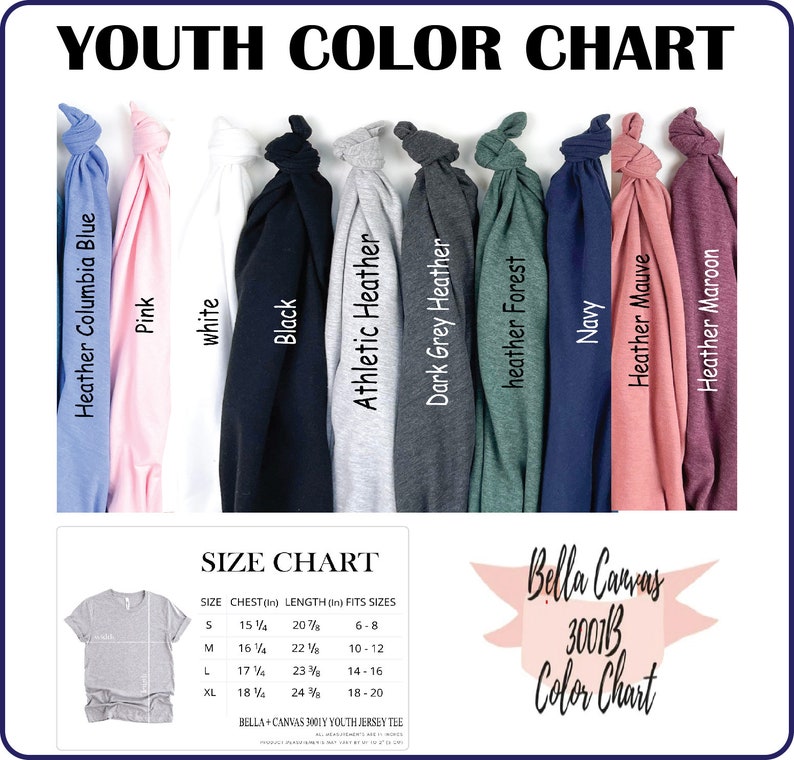 以下が含まれることがあります： ベラ+キャンバス 3001B ユースジャージーTシャツのカラーチャート。チャートには、ヘザーコロンビアブルー、ピンク、ホワイト、ブラック、アスレチックヘザー、ダークグレーヘザー、ヘザーフォレスト、ネイビー、ヘザーモーブ、ヘザーマロンなど、10種類の異なるTシャツの色が表示されています。チャートには、胸囲と着丈の寸法（インチ）、および対応する年齢範囲を示すサイズチャートも含まれています。