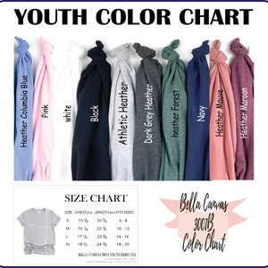 May include: Youth colour chart for Bella + Canvas 3001B youth jersey tee. The chart shows 10 different colours of t-shirts, including Heather Columbia Blue, Pink, White, Black, Athletic Heather, Dark Grey Heather, Heather Forest, Navy, Heather Mauve, and Heather Maroon. The chart also includes a size chart with chest and length measurements in inches, and corresponding age ranges.