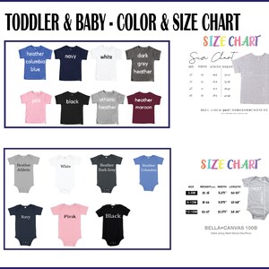 May include: Color and size chart for toddler and baby clothing. The chart shows different colors of short-sleeve shirts and bodysuits. The chart also includes a size chart with age, weight, width, length, and chest measurements in inches.