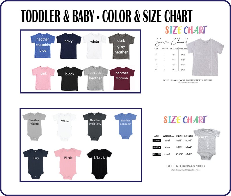 May include: Color and size chart for toddler and baby clothing. The chart shows different colors of short-sleeve shirts and bodysuits. The chart also includes a size chart with age, weight, width, length, and chest measurements in inches.
