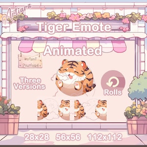 Puede incluir: Emoticono de tigre animado con tres versiones, 28x28, 56x56 y 112x112 píxeles. El tigre es naranja y negro con la barriga y las patas blancas. El emoticono está sobre un fondo rosa y blanco con flores y nubes.