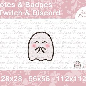 May include: A set of three pink and white ghost emotes in different sizes, 28x28, 56x56, and 112x112 pixels. The emotes are designed for Twitch and Discord.