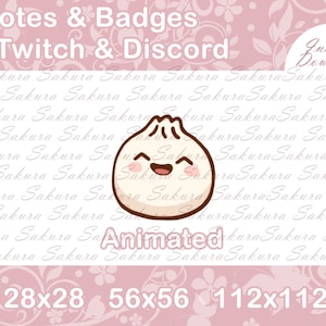 May include: Animated emote of a white, smiling bao bun with black eyes and a black outline. The emote is available in three sizes: 28x28, 56x56, and 112x112. The background is pink with a floral pattern and the text "Emotes & Badges Twitch & Discord" at the top.
