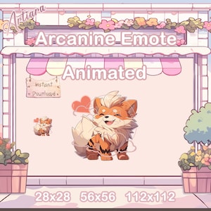 以下が含まれることがあります： 笑顔のオレンジと白の犬のキャラクターが特徴のアニメーションArcanine Emote。画像には「Arcanine Emote Animated」というテキストとサイズが含まれています。小さな看板には「インスタントダウンロード」と書かれています。