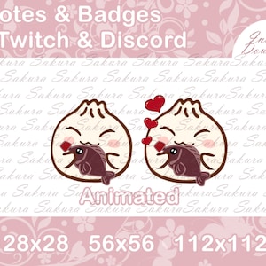 May include: Animated Twitch and Discord emotes and badges featuring a cartoon bao bun with a fish in its mouth. The emotes are available in three sizes: 28x28, 56x56, and 112x112.