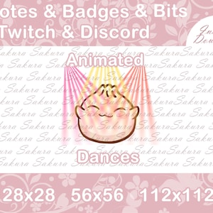 May include: Animated Twitch and Discord emotes and badges featuring a pink and yellow cartoon character dancing under spotlights. The text "Animated Dances" is displayed below the character. The sizes 28x28, 56x56, and 112x112 are listed below the text.