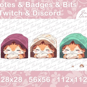 Puede incluir: Tres emoticonos animados de un tigre con una capa con capucha en rosa, beige y verde. Los emoticonos son de diferentes tamaños: 28x28, 56x56 y 112x112. El texto "Emotes & Badges & Bits Twitch & Discord" está en la parte superior de la imagen.
