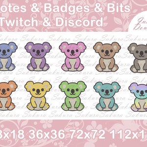 May include: Set of nine koala bear emoticons in various colors, including blue, purple, pink, brown, orange, yellow, green, light blue, and purple. The emoticons are in different sizes, with dimensions of 18x18, 36x36, 72x72, and 112x112 pixels. The emoticons are suitable for use on Twitch and Discord.