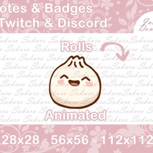 May include: Animated Twitch and Discord emotes and badges featuring a cartoon bun with a smiling face. The emotes are available in three sizes: 28x28, 56x56, and 112x112.