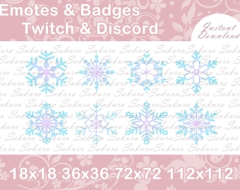 May include: A set of eight blue and purple snowflake emoticons and badges for Twitch and Discord. The emoticons are available in four sizes: 18x18, 36x36, 72x72, and 112x112 pixels.
