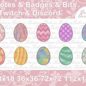 May include: Nine pastel colored Easter egg designs with different patterns. The designs are 18x18, 36x36, 72x72, and 112x112 pixels. The text "Emotes & Badges & Bits Twitch & Discord Instant Download" is at the top of the image.