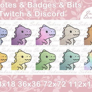 Puede incluir: Un conjunto de 10 emojis de dinosaurio digitales en varios colores, incluyendo azul, morado, rosa, beige, naranja, amarillo, verde, azul verdoso y un degradado arcoíris. Los emojis son de diferentes tamaños, con dimensiones de 18x18, 36x36, 72x72 y 112x112 píxeles. Los emojis están diseñados para su uso en Twitch y Discord.