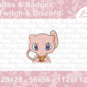 Könnte beinhalten: Rosa digitale Download-Grafik mit dem Text "Emotes & Badges Twitch & Discord". Eine hellrosa Cartoon-Katzenfigur hält einen Keks. Das Bild enthält die Größen 28x28, 56x56 und 112x112.